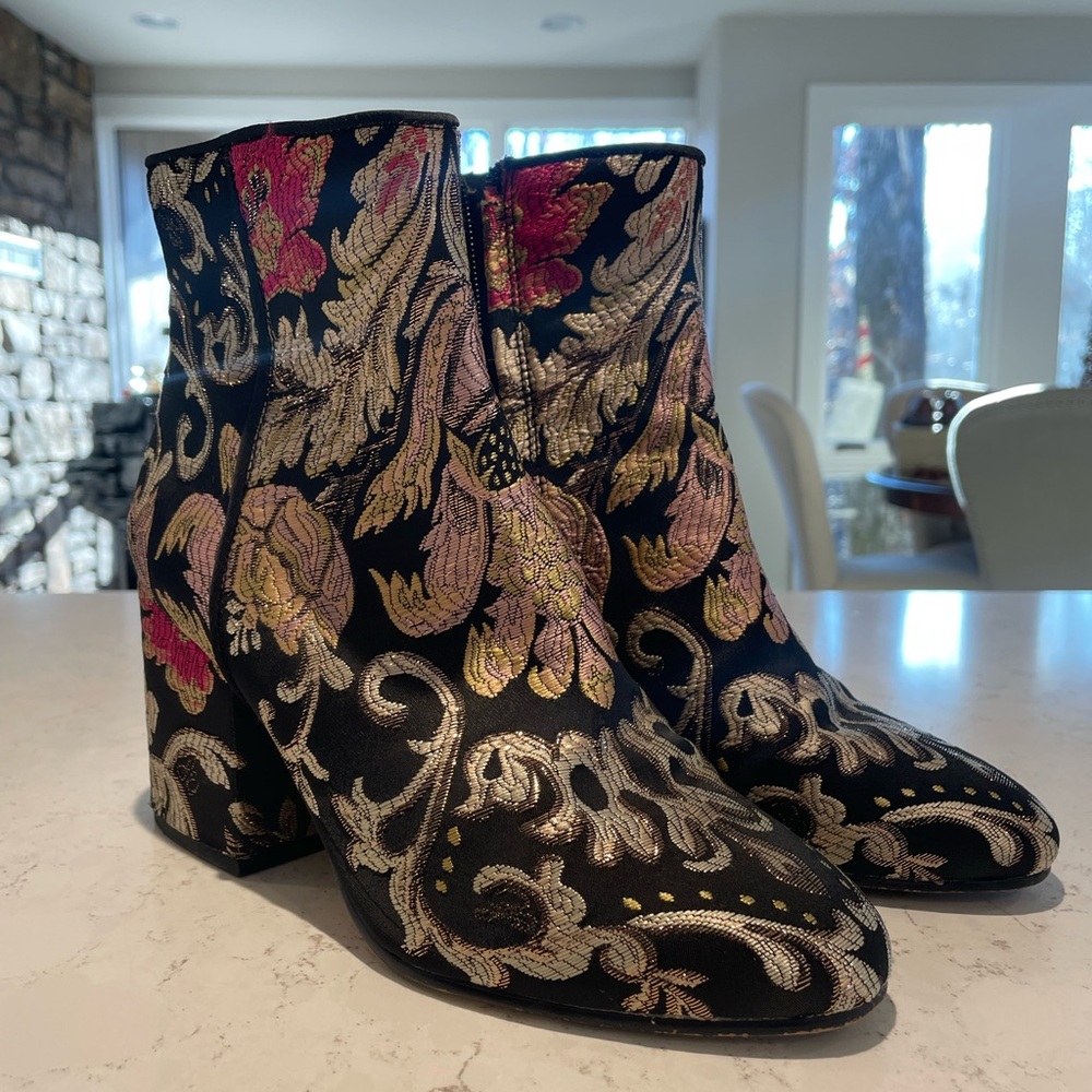 Floral Embroidered Ankle Boots - Black and Gold